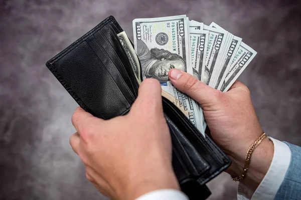 Businessman Hands Holding Black Leather Wallet Dollar Bills Financial Concept — Φωτογραφία Αρχείου