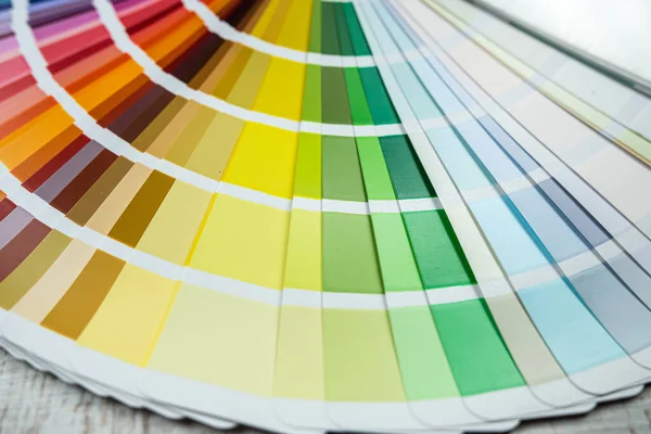 Catalog Bright Color Palette Close Desk Graphic Designer Chooses Colors — Stock Photo, Image