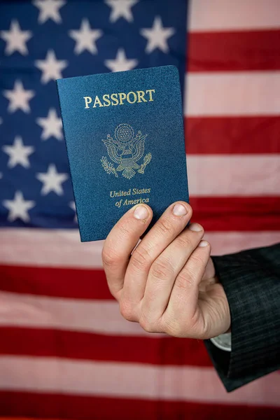 Business Man Holding Reading Usa Passport Business Travel Concept — Fotografia de Stock