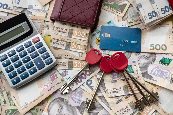 Business Concept Sale Rent Home Ukraine Money Uah Gryvnia Calculator — Stock fotografie