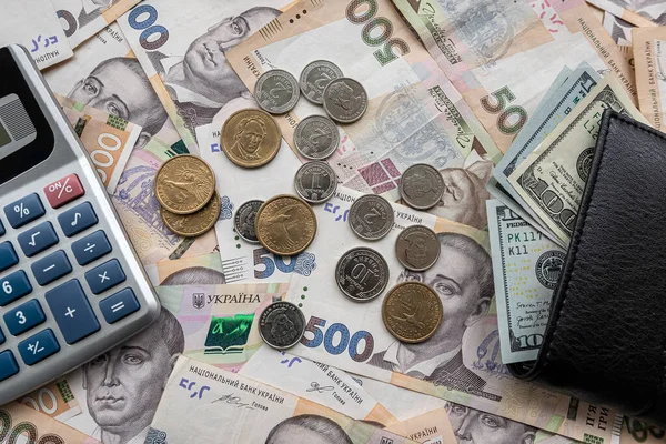 Ukraine Money Hryvnia Dollar Bills Purse Desk Exchange Concept — Fotografie, imagine de stoc