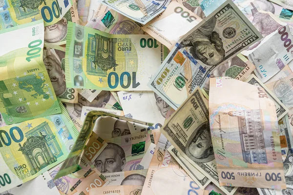 Долари Євро Гривні Рахунки Концепція Обміну Багаті — стокове фото