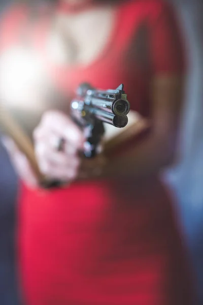 Female Spy Agent Gun Her Hand Grey Crime Concept — Stok fotoğraf