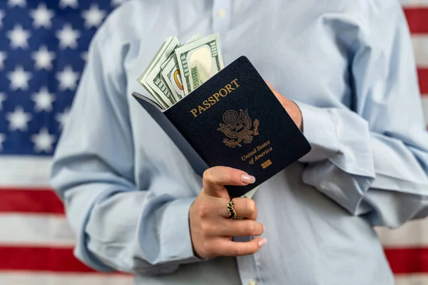 Beautiful Woman Holding Passport Money Dollars Traveling Abroad Concept Traveling — Stockfoto