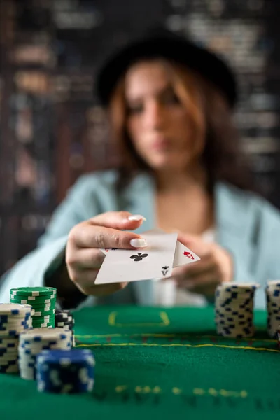 Woman Hand Takes Poker Chips Cards Pile Poker Table Risky — Φωτογραφία Αρχείου