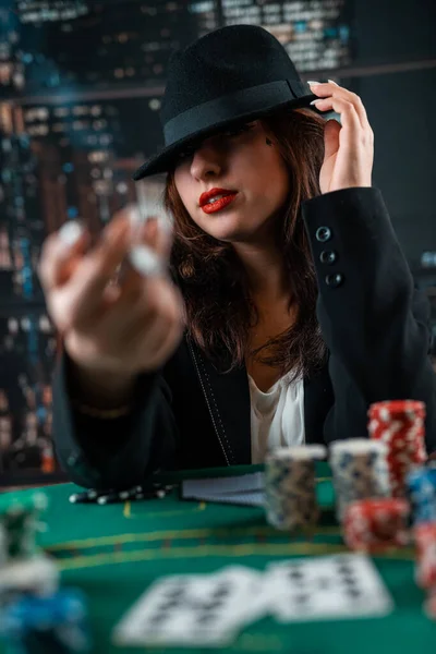 Young Girl Stylishly Dressed Smokes Cigarette Blows Smoke Plays Cards — Φωτογραφία Αρχείου