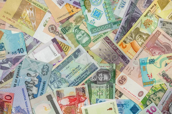Close African Currency Various Colors Shapes Denominations Filled Entire Table — Photo
