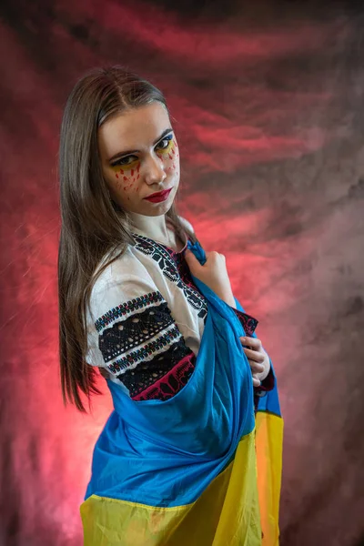 Retrato Chateado Ucraniano Bonita Mulher Bordado Roupa Nacional Como Símbolo — Fotografia de Stock