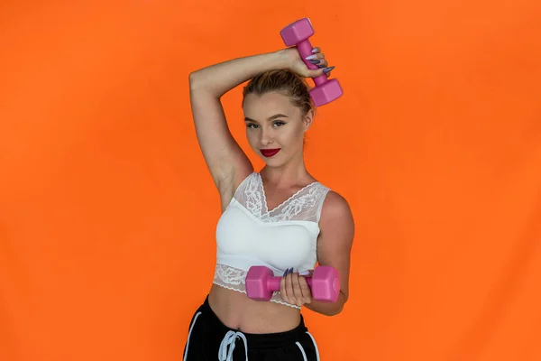 Beautiful Young Sports Girl Beautiful Clothes Sports Dumbbells Hands Plain — Stockfoto