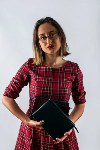 Confident Young Business Woman Teacher Holding Standing Books Hands Isolated — Stock Photo, Image