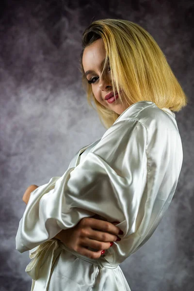 Pretty Young Woman Light Silk Robe Plain Background Poses Studio —  Fotos de Stock