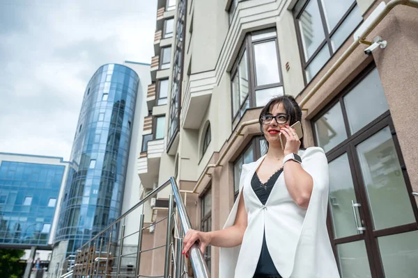Business Woman Standing Street City Center Using Mobile Phone Break — 스톡 사진