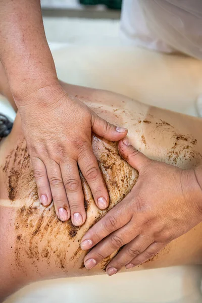 Female Therapist Using Special Massage Accessories Restorative Back Massage Happy — 스톡 사진