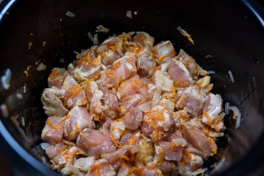 Raw pork meat in bowl for bbq barbecue, uncooked health food