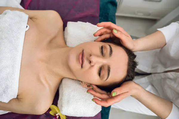 Woman Lying Back Closed Eyes Receive Facial Lifting Massage Beauty — Stock Photo, Image