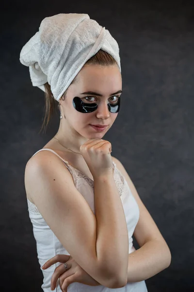 Portrait Beauty Young Woman Doing Aging Procedures Eye Patches Perfect — Stock Photo, Image