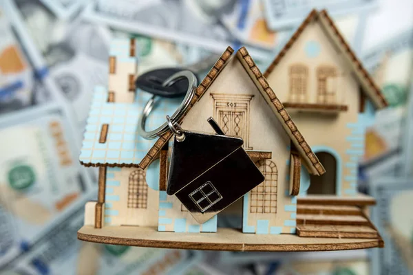 Small House Model Keys 100 New Dollars Banknotes Buy Rent — Stock Photo, Image