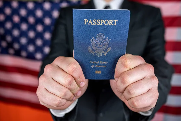 Business Man Holding Reading Usa Passport Business Travel Concept — Stockfoto