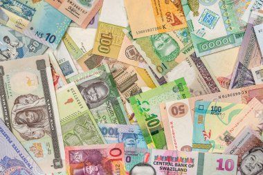 variety of South African Rand banknotes. South African money background. South African stock market.