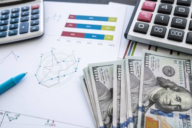 Kalem, hesap makinesi ve dolarla yıllık mali raporlar. Finans yatırım kavramı