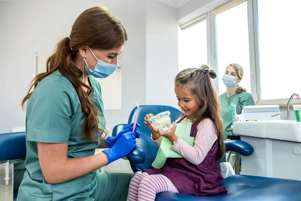Piccola Figlia Presso Studio Dentistico Processo Dimostrazione Del Dentista Femminile — Foto Stock