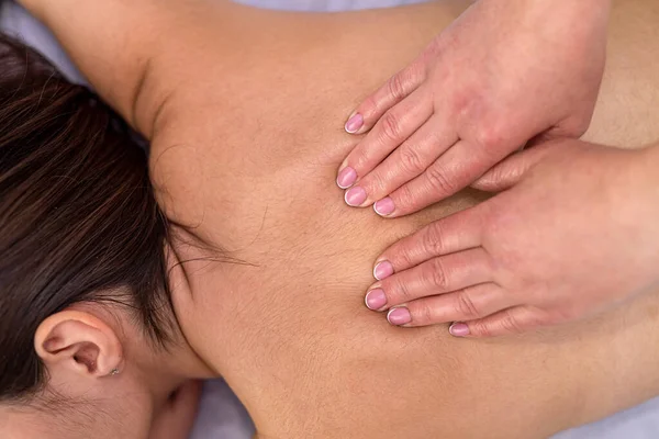 Young Woman Lying Table Receive Relax Massage Spa Spine Health — Stock Photo, Image