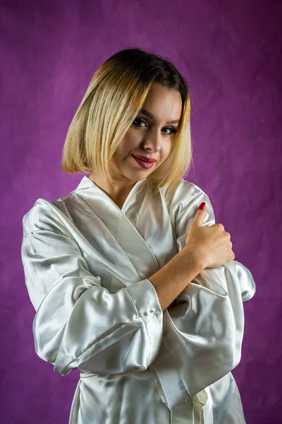 Pretty Young Woman Light Silk Robe Plain Background Poses Studio — 스톡 사진