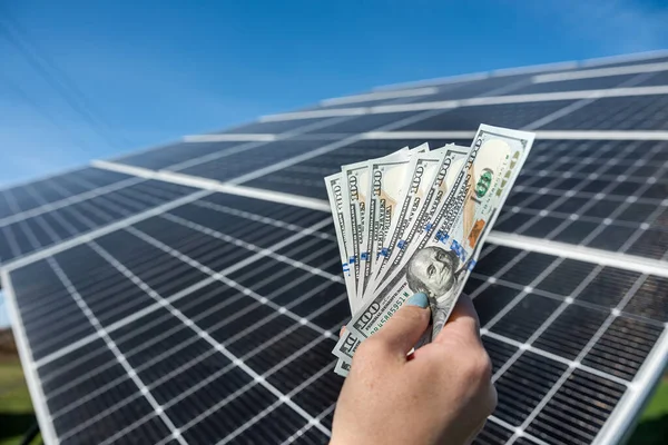 Human Hands Large Amount Dollars Front Solar Panels Concept Energy — Stock Fotó