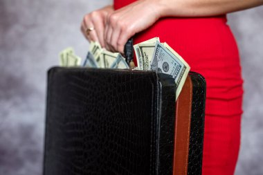 Businesswoman wear red dres with suitcase full of dollar. salary financial concept