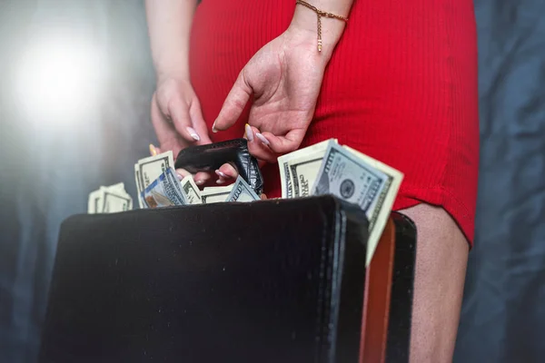 Closeup Female Holding Briefcase Money Bribery Corruption Illegal Concept — Stock Fotó