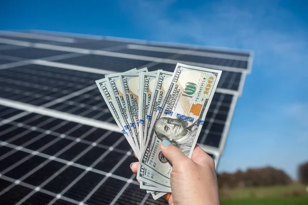 Human Hands Large Amount Dollars Front Solar Panels Concept Energy — Stock Fotó