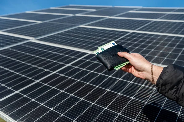 Close Hands Holding Euro Money Wallet Solar Panels Background Concept — Stock Photo, Image