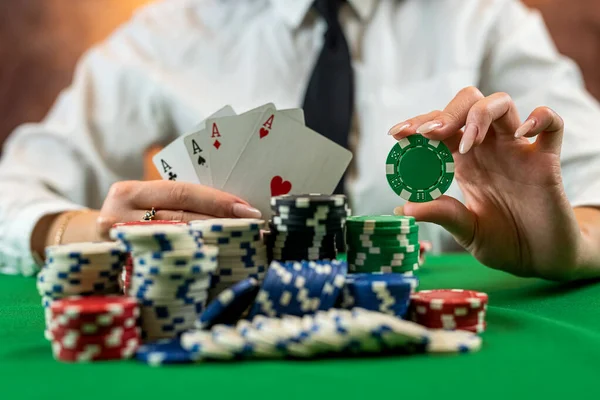 Female Hand Holding Playing Cards Chips Poker Table Risky Bets — Stockfoto