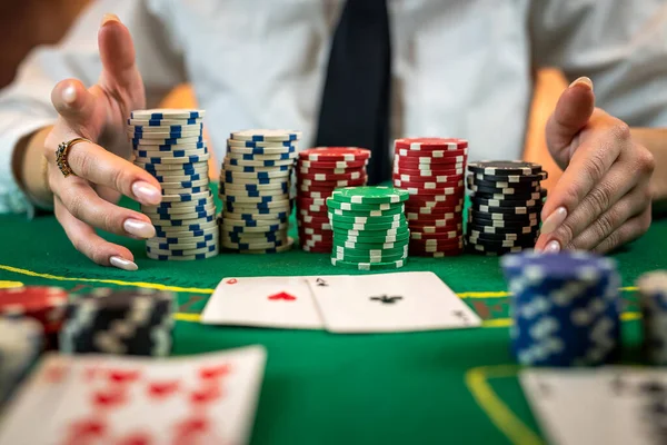 Greedy Poker Player Winning Game Takes Chips Hundred Dollar Bill — Fotografia de Stock