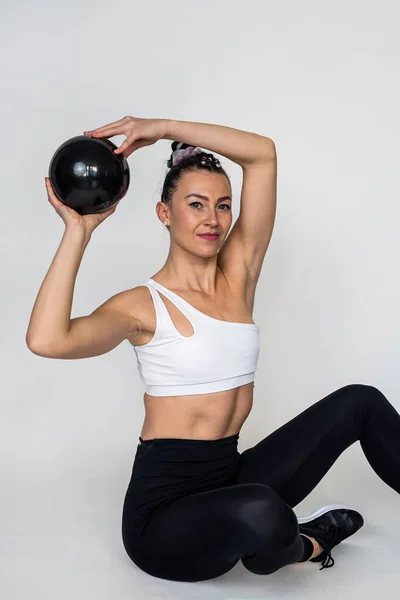 Sporty Girl Doing Exercises Fitness Ball Gym Isolated White Wall — Stockfoto