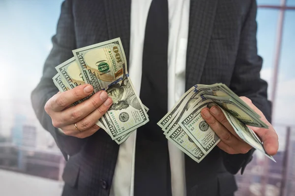 Successful Male Agent Suit Holding Dollar Bills Money Finance Concept — Foto Stock