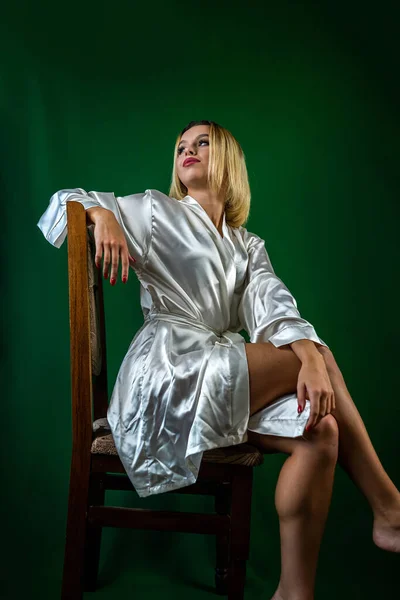 Portrait Young Charming Woman Silk Robe Wooden Studio Chair Posing — Stock Photo, Image