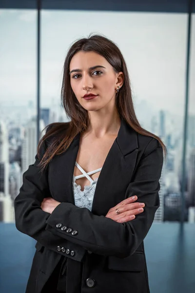 Attractive Caucasian Young Business Woman Manager Suit Posign Alone Modern — Stock Photo, Image