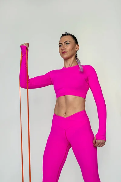 Bel Colpo Giovane Donna Abbigliamento Sportivo Rosa Facendo Esercizi Con — Foto Stock
