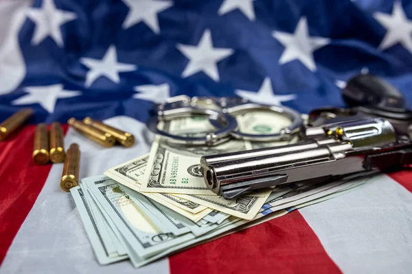 Seized Money Gun Handcuffs Casings Background American Flag Lying Carelessly — Stok fotoğraf