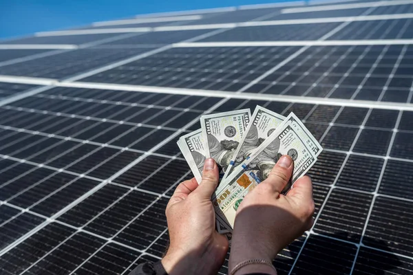 Female Hands Dollar Bills Background Solar Panels Concept Green Electricity — Foto de Stock