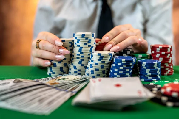 Woman Black Counts Chips Money Raises Bet Poker Game Casino — Fotografia de Stock