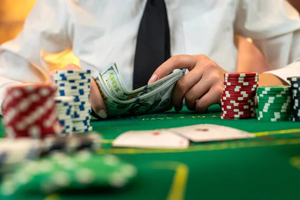 Greedy Poker Player Winning Game Takes Chips Hundred Dollar Bill — Stok fotoğraf