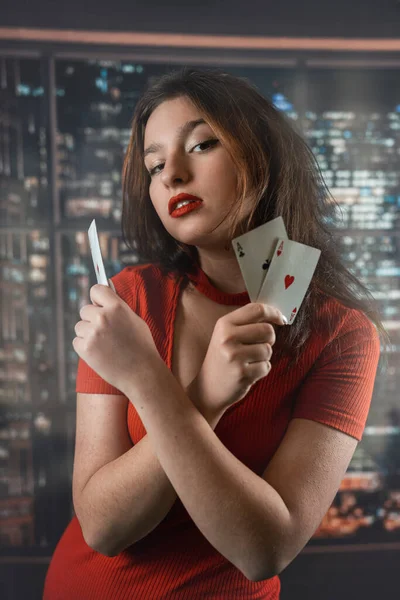 Beautiful Caucasian Woman Red Dress Poker Cards Gambling Casino Posing — Fotografia de Stock