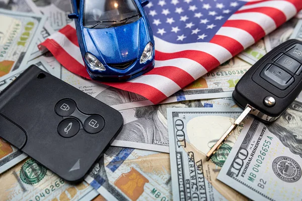 Car Keys Dollar Money Usa Flag Finance Purchase Insurance Concept — стоковое фото