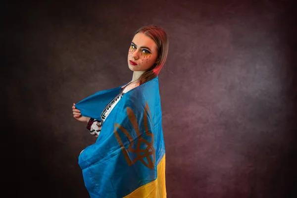 Nogal Triest Oekraïense Vrouw Draagt Nationale Kleding Met Vlag Steun — Stockfoto