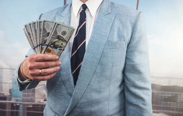 Close 100 One Hundred Dollars Bills Man Hand Money Concept — стоковое фото