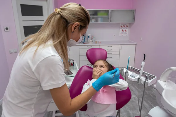 Cute Little Girl Sitting Dental Chair Does Want Treat Her — Stockfoto
