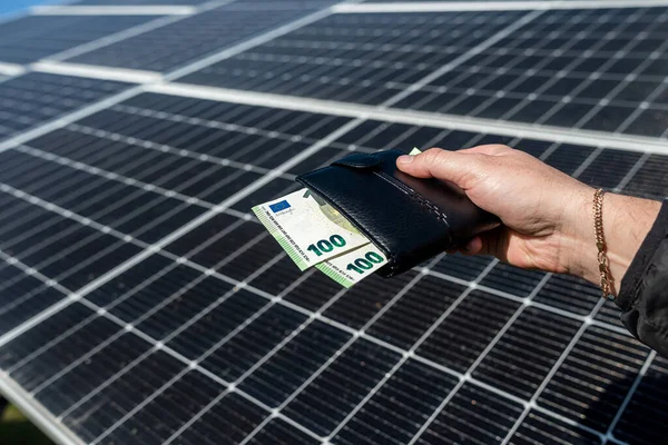Close Hands Holding Euro Money Wallet Solar Panels Background Concept — Stock Fotó