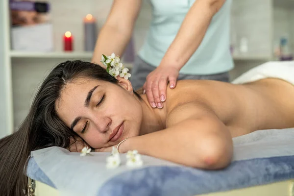 Female Client Lying Table Having Rejuvenation Massage Back Spa Salon — 图库照片